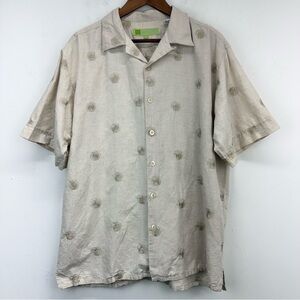 Maxini size Large Men’s Beige Linen Spiral Swirl Short Sleeve Button Up Shirt